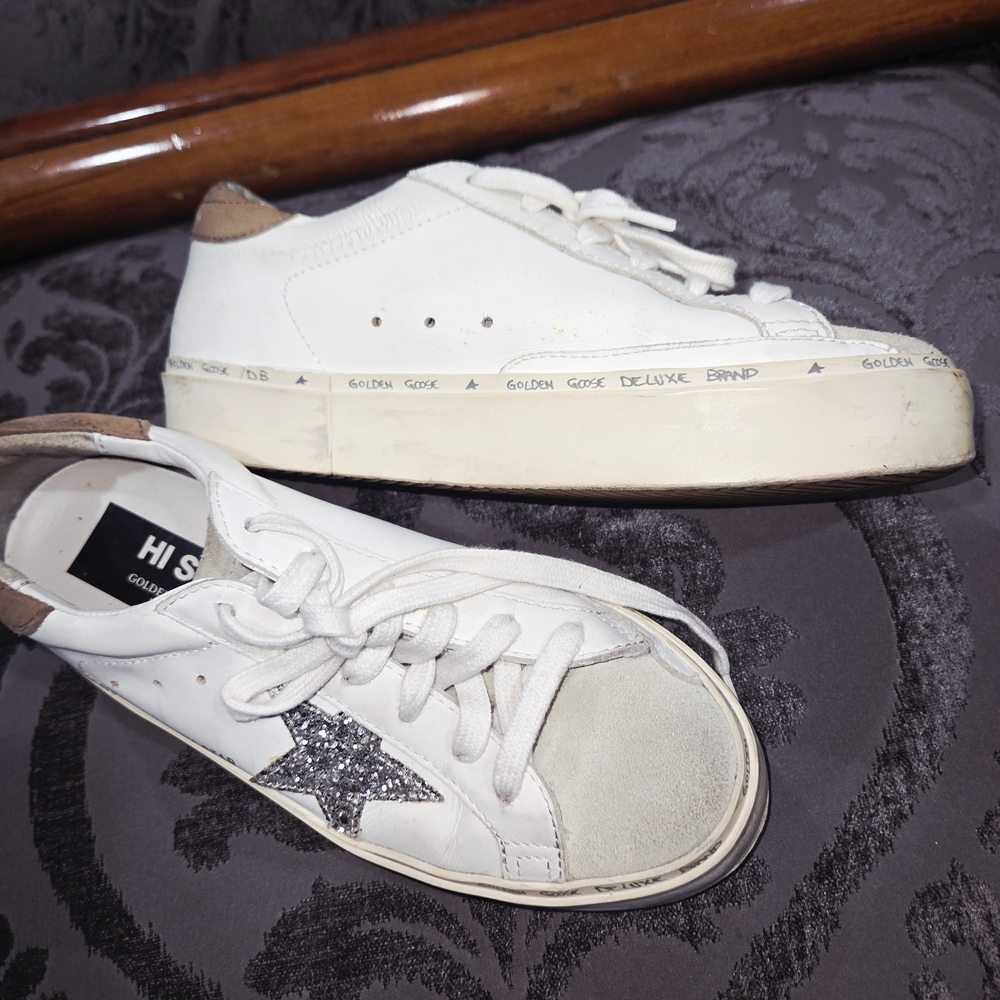 Golden Goose White Sneakers with Silver Glitter Star - Picture 2 of 7